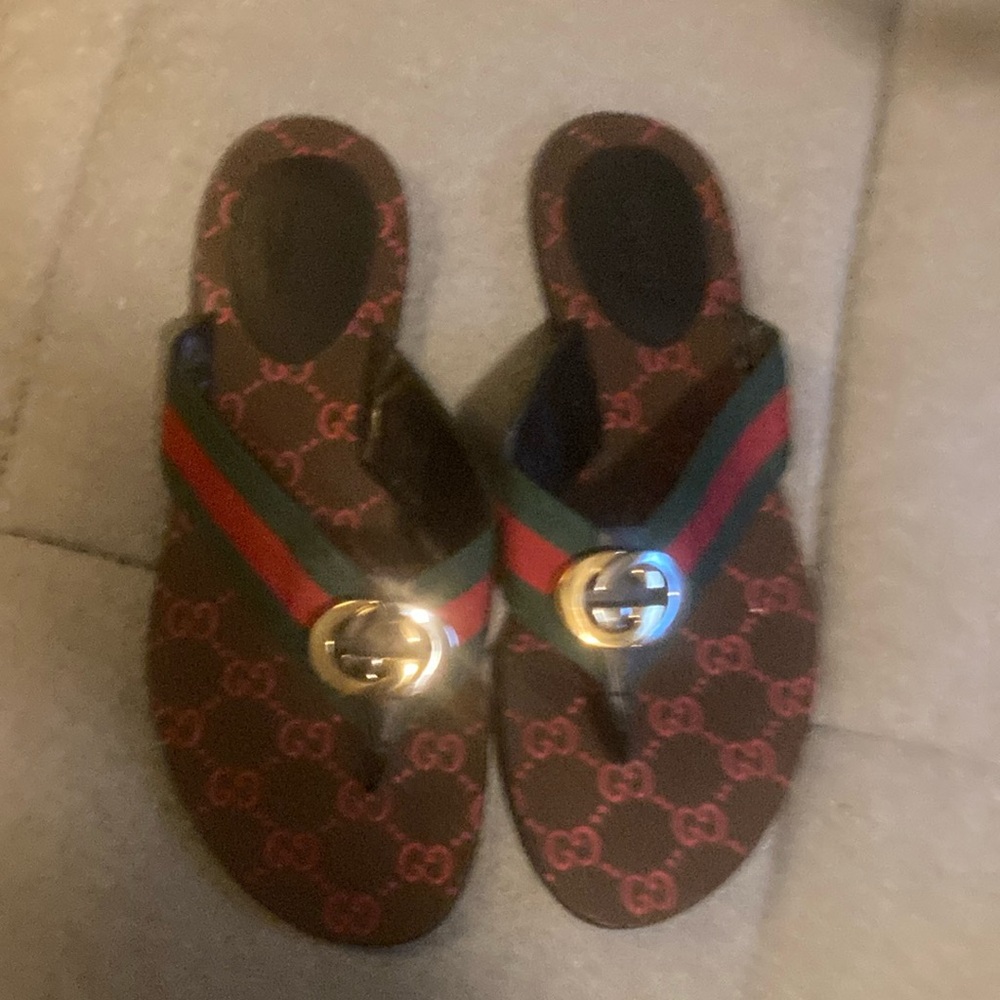 Gucci Brown and Red Logo Sandals